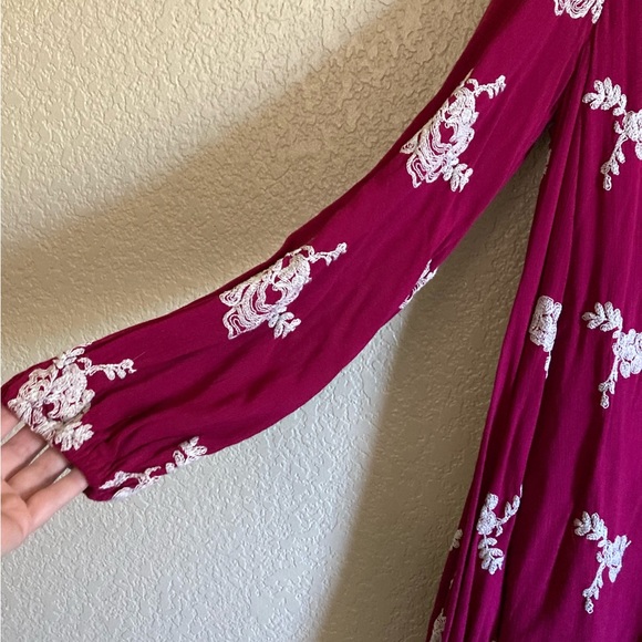 🎉Free People Austin Emma Maroon Embroidered Floral Long Sleeve Dress A180 - Picture 5 of 8